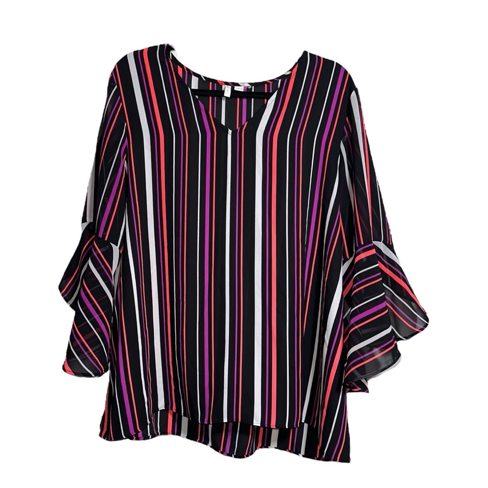 EUC CATO Vibrant Striped Sheer‎ Blouse with Bell Sleeves - Large